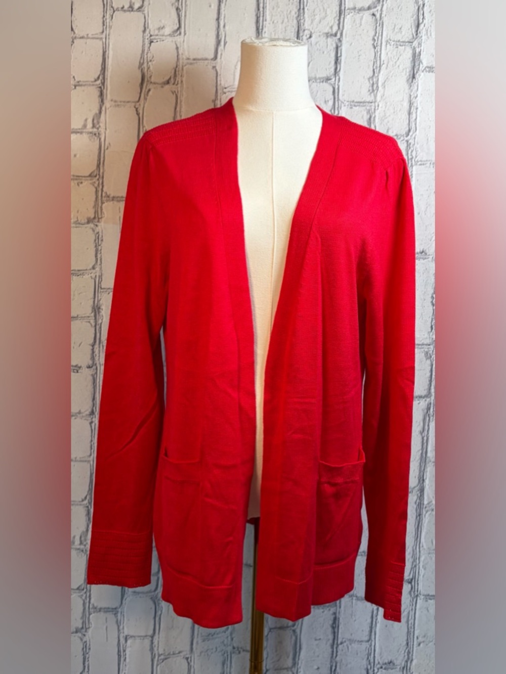 Linda Matthews Size:XL Jester Red Open-Front Women’s Cardigan Sweater Pockets